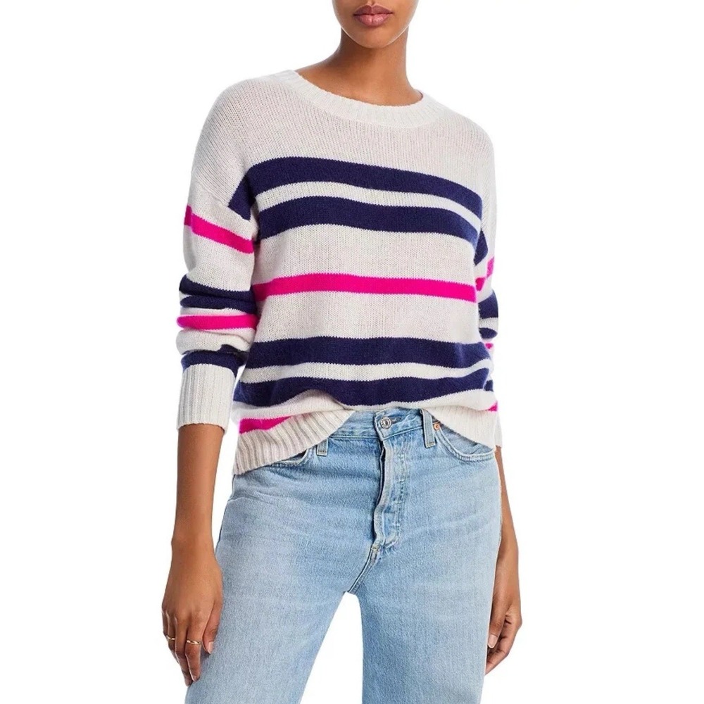 Aqua‎ Cashmere Multi Stripe Crewneck Cashmere Sweater L142222 Womens Size Large